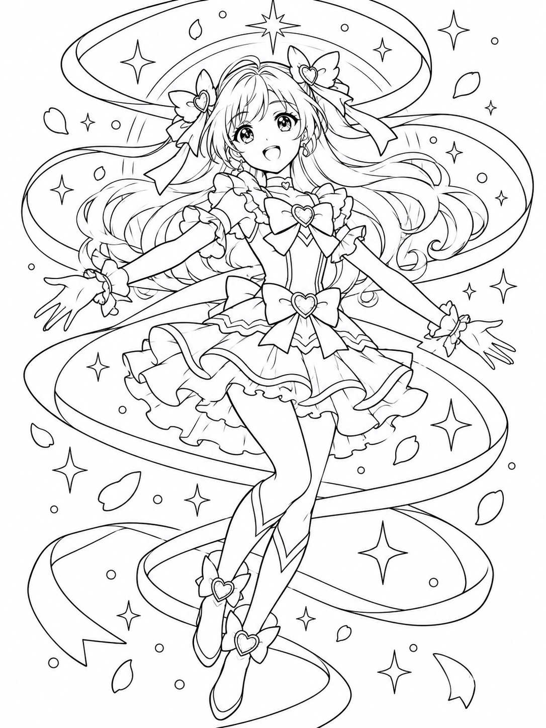 Black-and-white anime coloring page showing a magical girl mid-transformation, ribbons and sparkles spiraling around her