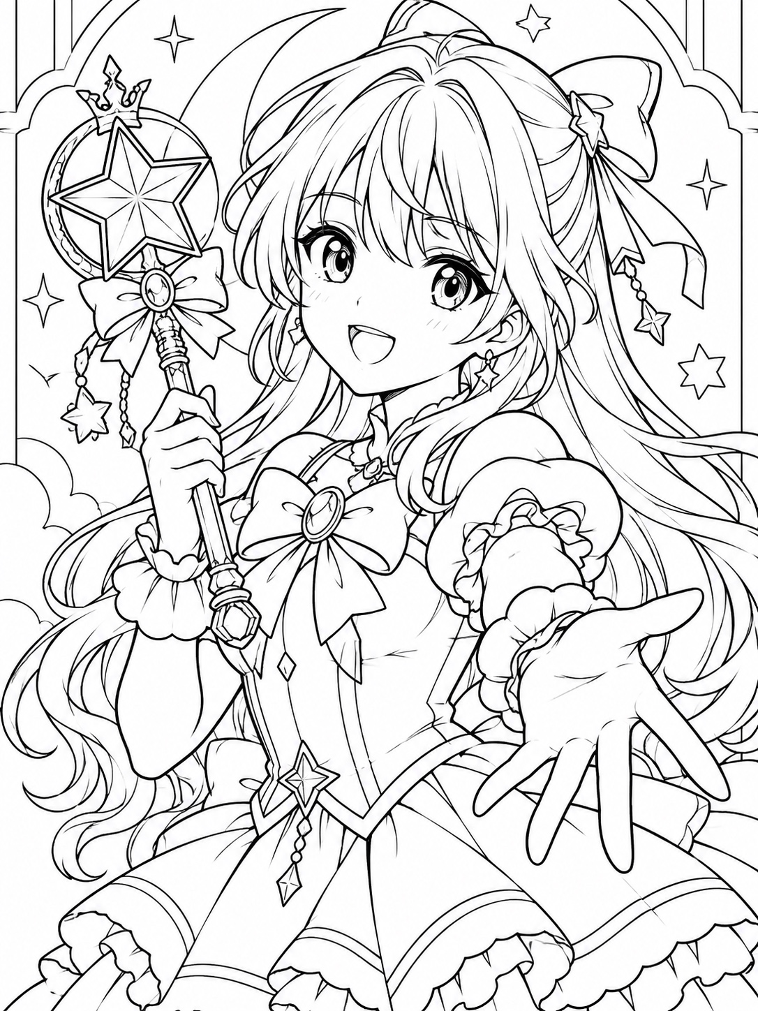 Black-and-white anime coloring page showing a character holding an ornate wand topped with a star or heart charm