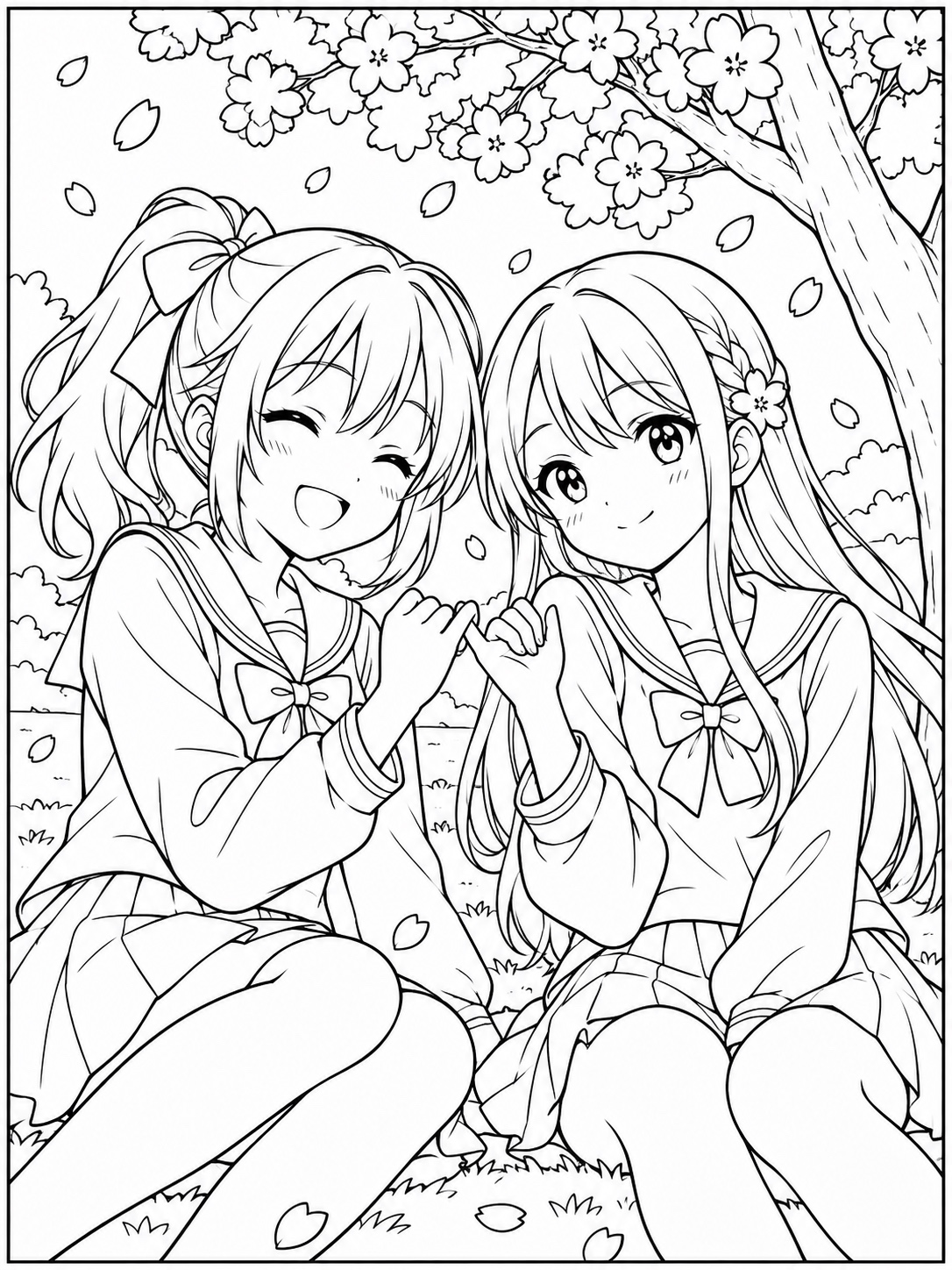Black-and-white anime coloring page showing two best friends linking pinky fingers under a blossoming tree