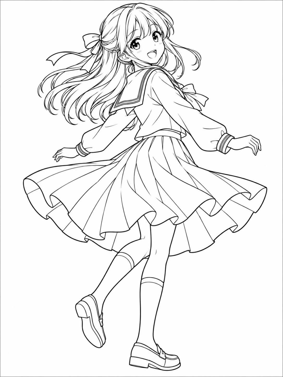 Black-and-white anime coloring page showing a girl in a flowing school uniform skirt caught mid-spin
