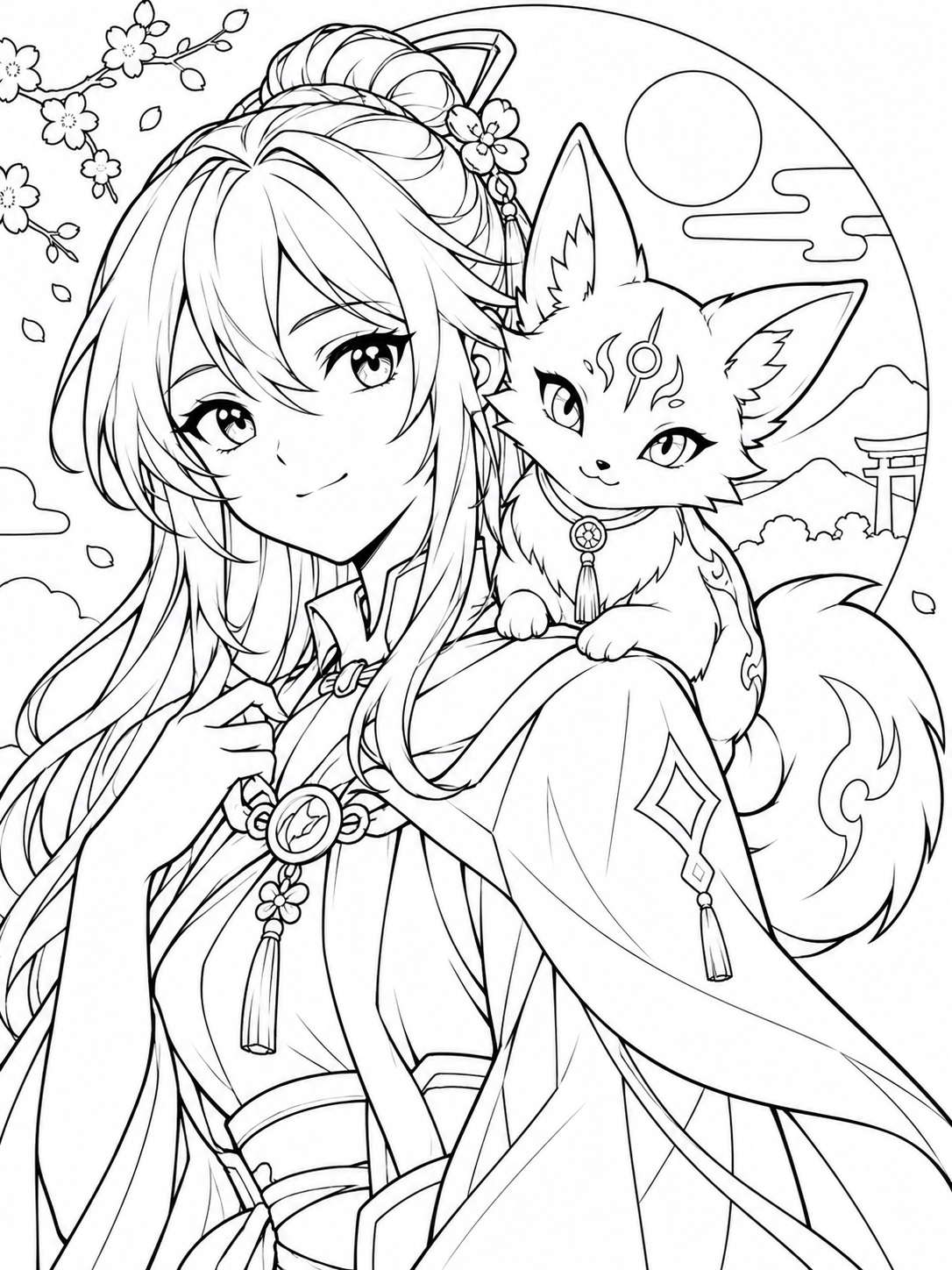 Black-and-white anime coloring page showing a magical familiar (cat, rabbit, or fox spirit) perched on a shoulder