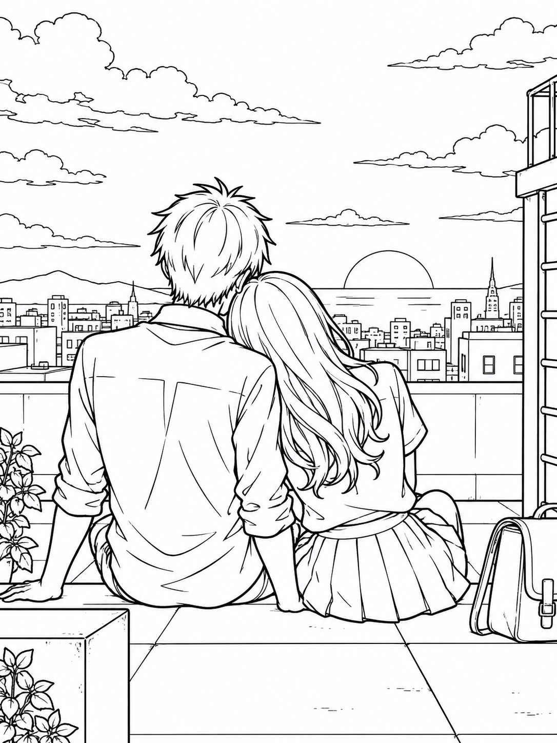Black-and-white anime coloring page showing a romantic rooftop scene with two characters watching the sunset
