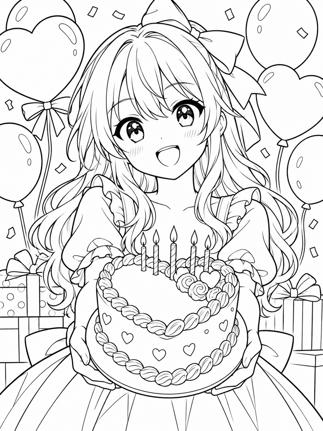 Black-and-white anime coloring page showing a birthday-themed page with a character holding a heart-shaped cake