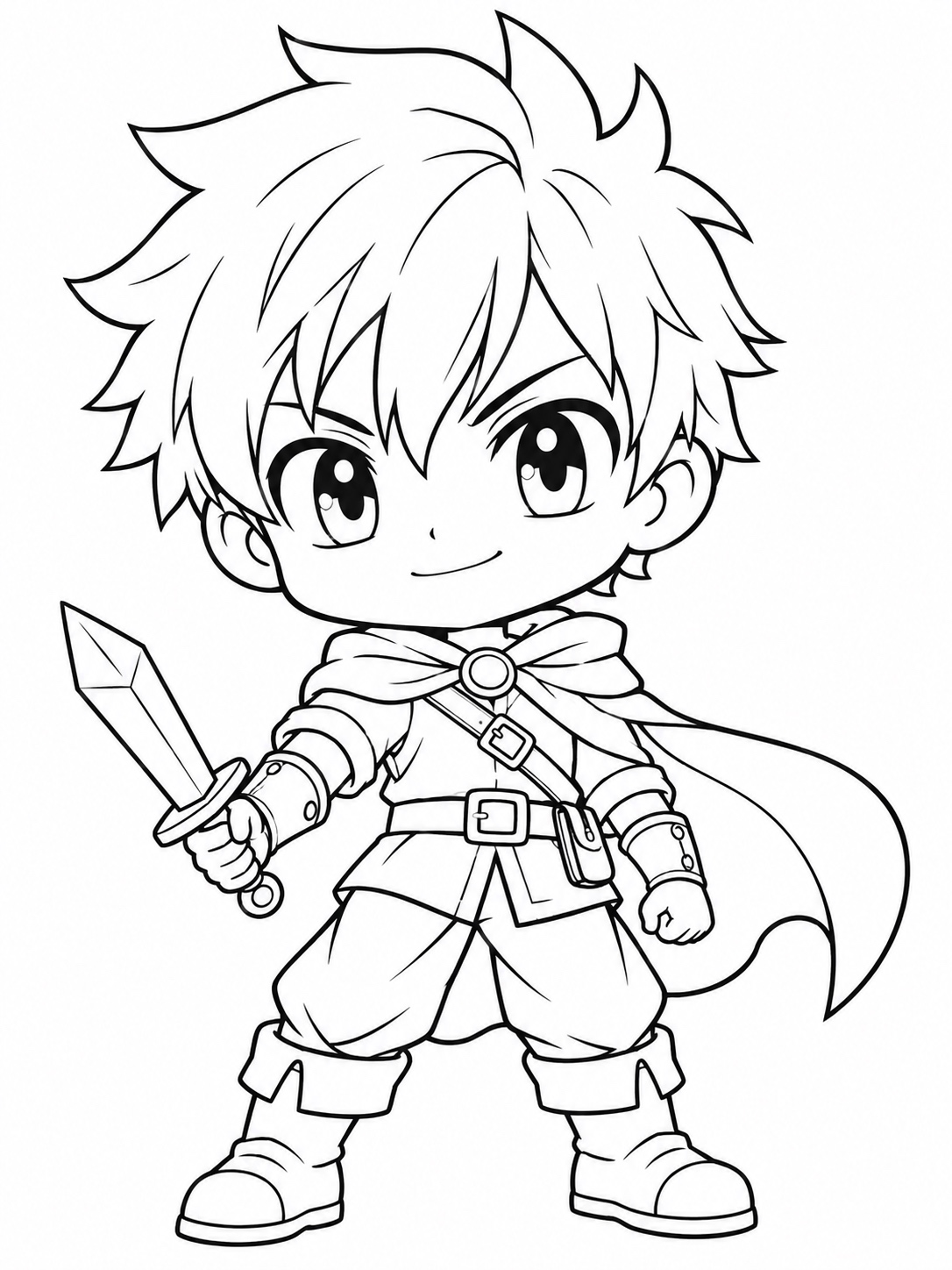 Black-and-white anime coloring page showing a chibi version of a shonen hero, oversized head and tiny sword