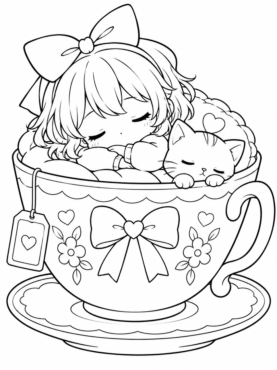 Black-and-white anime coloring page showing a chibi character napping inside a giant teacup