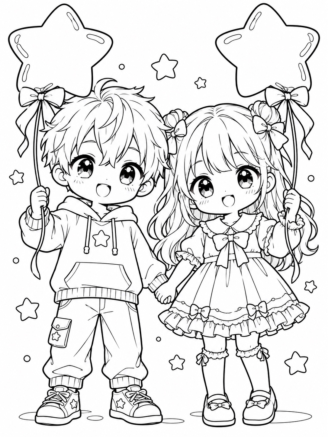 Black-and-white anime coloring page showing a pair of chibi twins holding matching star-shaped balloons