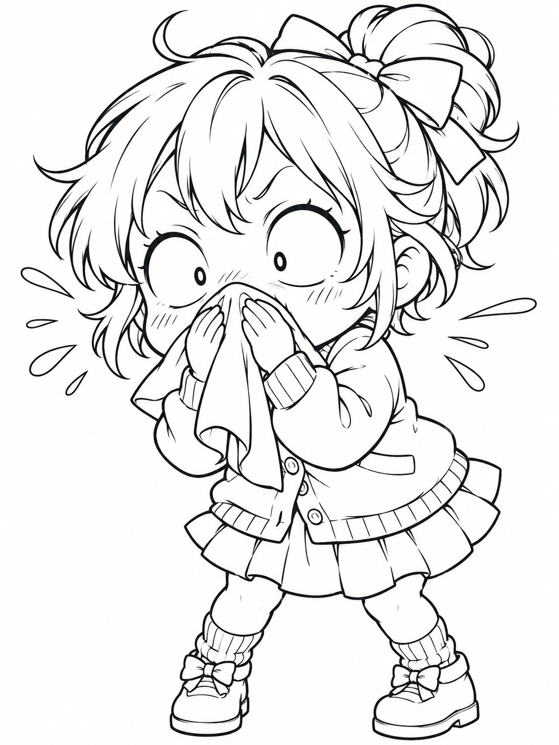 Black-and-white anime coloring page showing a chibi character mid-sneeze with comically wide eyes