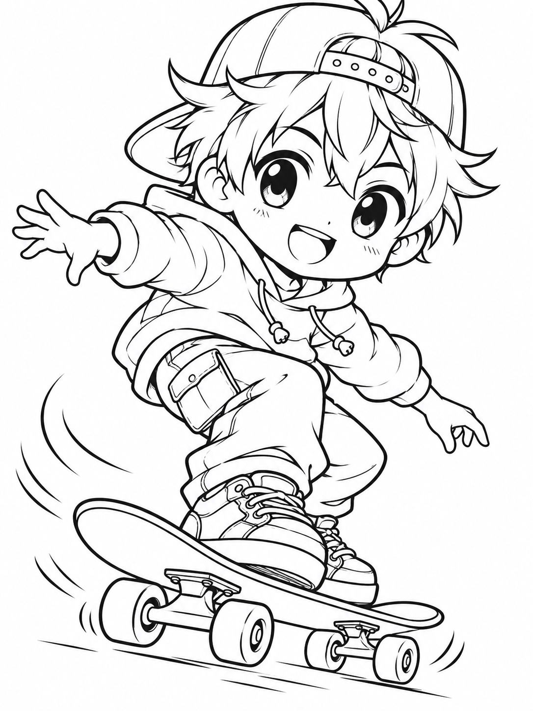 Black-and-white anime coloring page showing a chibi mascot character riding a skateboard