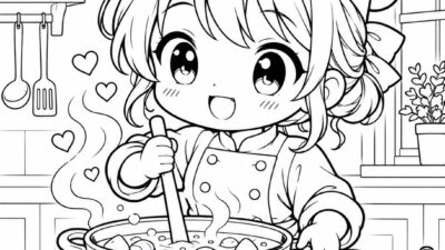 Chibi girl chef in a hat and apron stirs a steaming pot, heart motifs float nearby in a cozy kitchen.