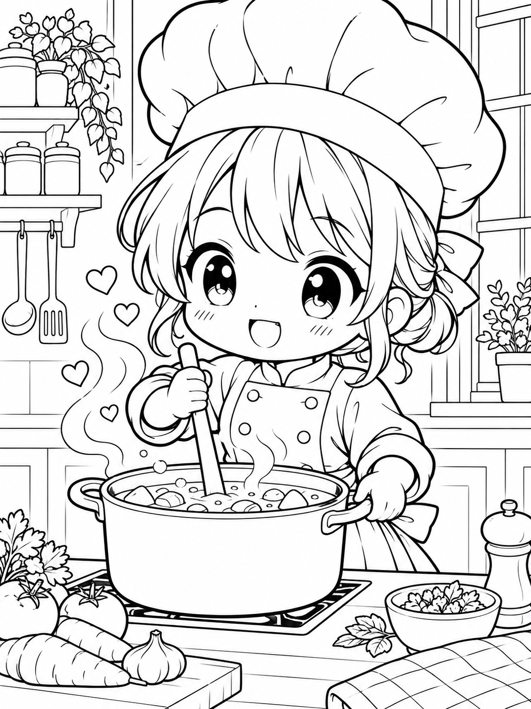 Black-and-white anime coloring page showing a chibi chef stirring a pot with hearts floating above it
