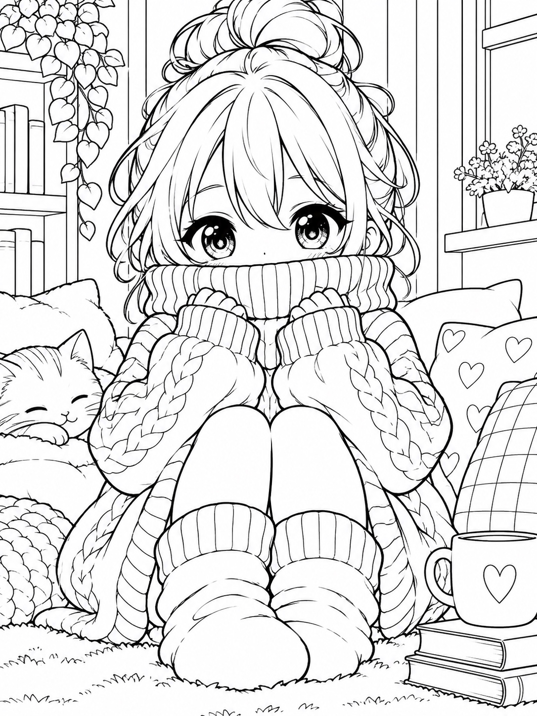 Black-and-white anime coloring page showing a chibi character bundled in an oversized sweater, only eyes and nose showing