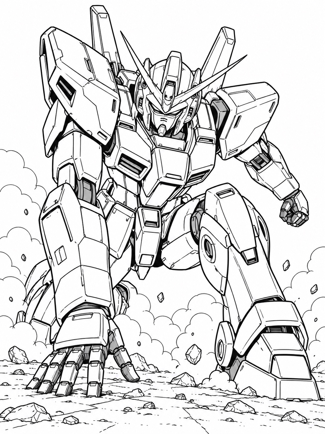 Black-and-white anime coloring page showing a humanoid mech crouched in a hard landing pose, dust clouds at the feet