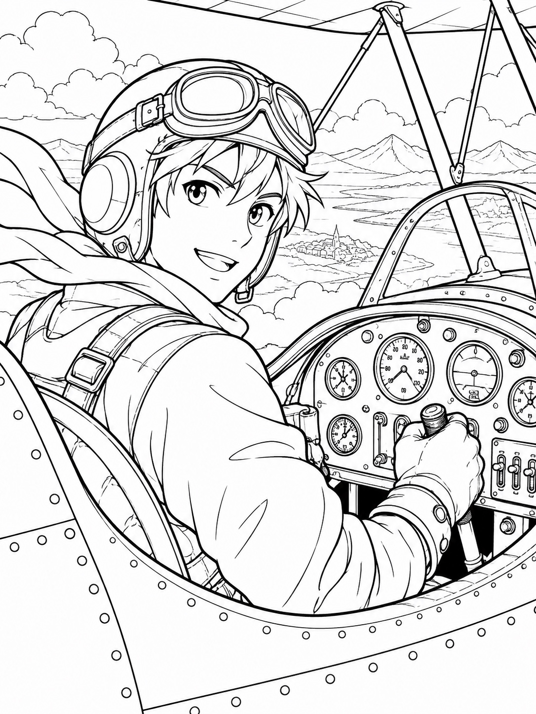 Black-and-white anime coloring page showing a pilot character seated in an open cockpit, control panel visible
