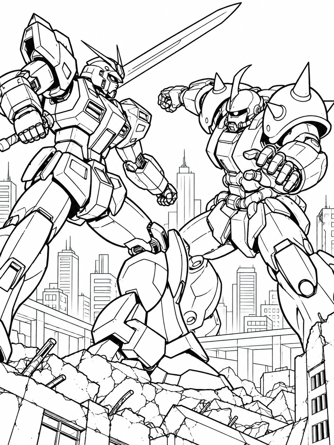 Black-and-white anime coloring page showing a city skyline battle scene between two mechs, minimal background detail