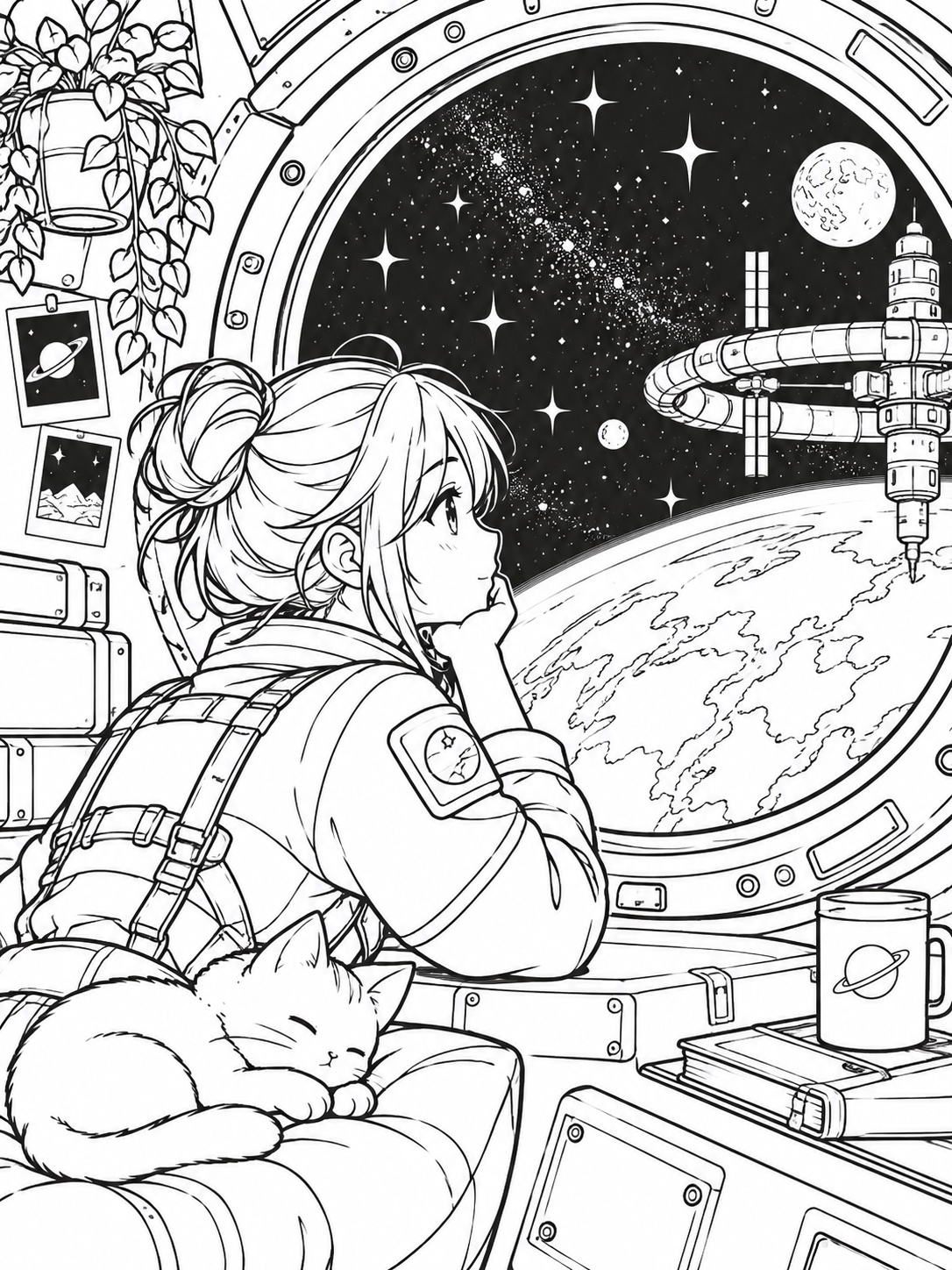 Black-and-white anime coloring page showing a floating space station window with a character looking out at stars
