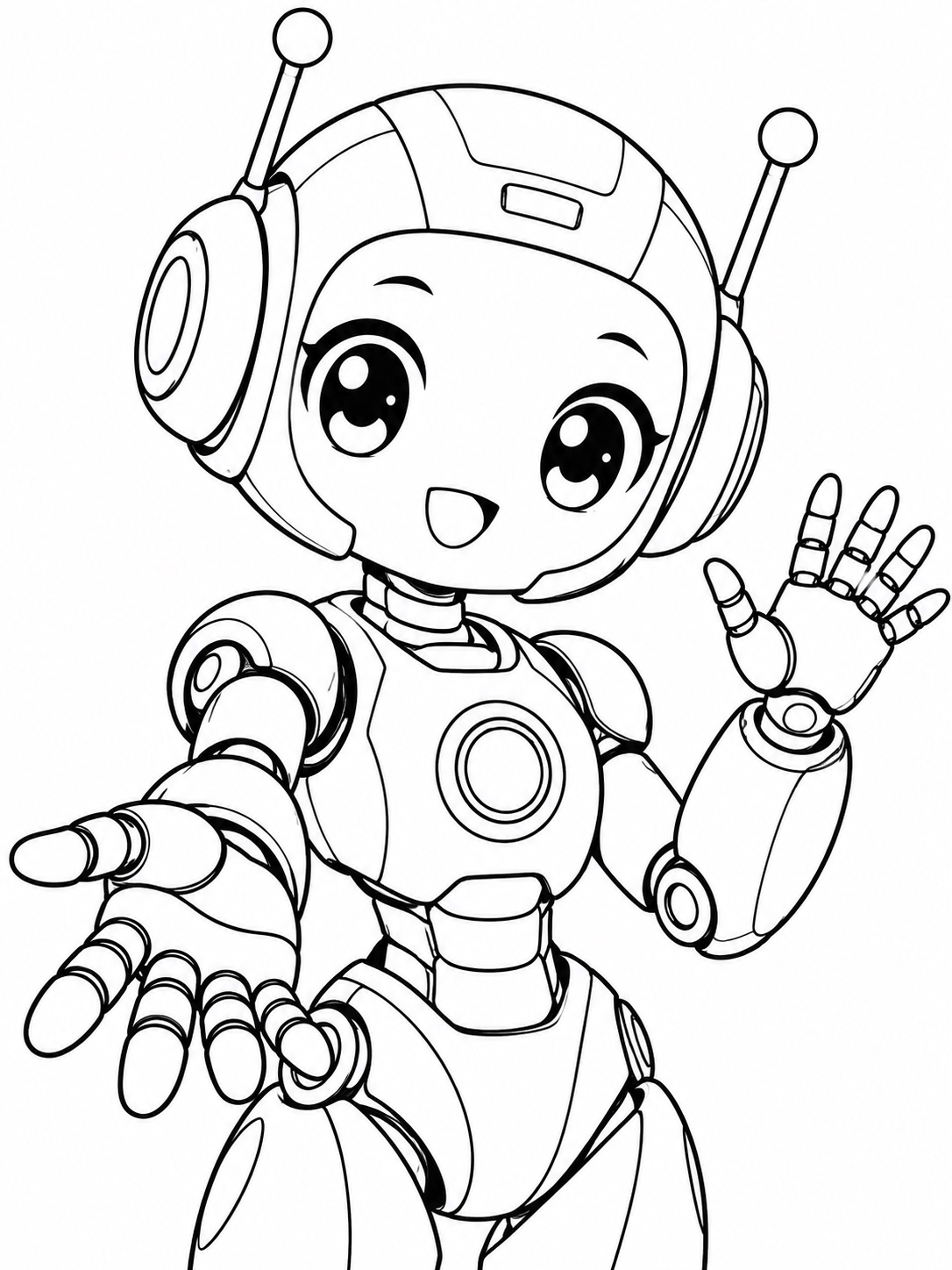 Black-and-white anime coloring page showing a robotic companion character with visible joint segments and antennae