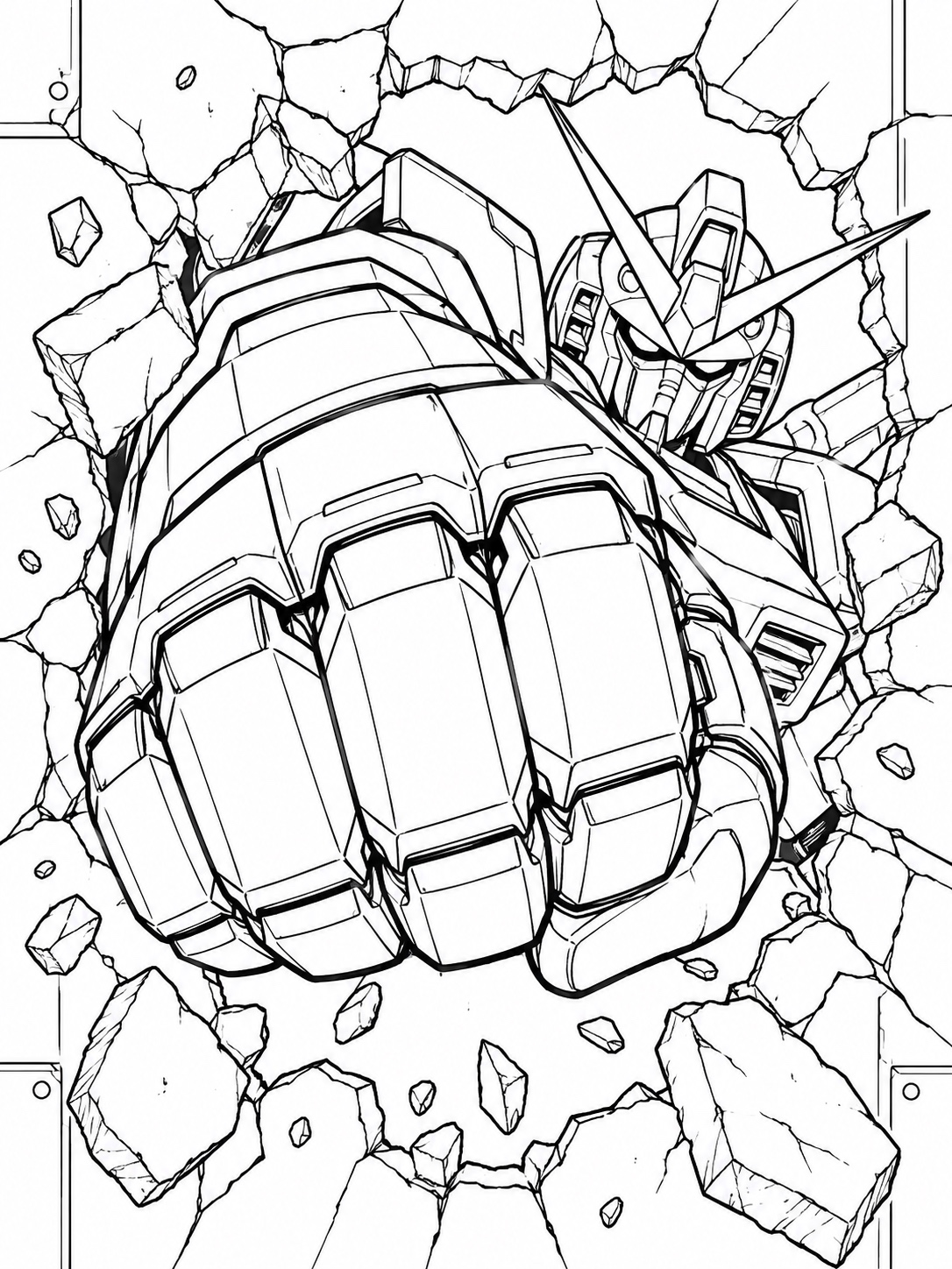 Black-and-white anime coloring page showing a mech’s oversized fist punching through a cracked wall panel