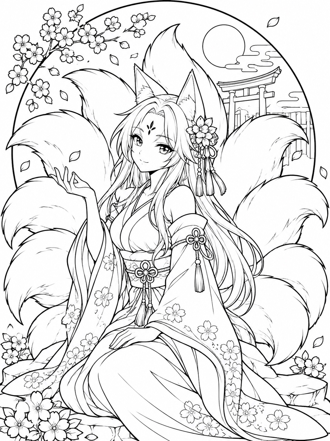 Black-and-white anime coloring page showing a fox spirit with multiple tails fanned out in a circular composition