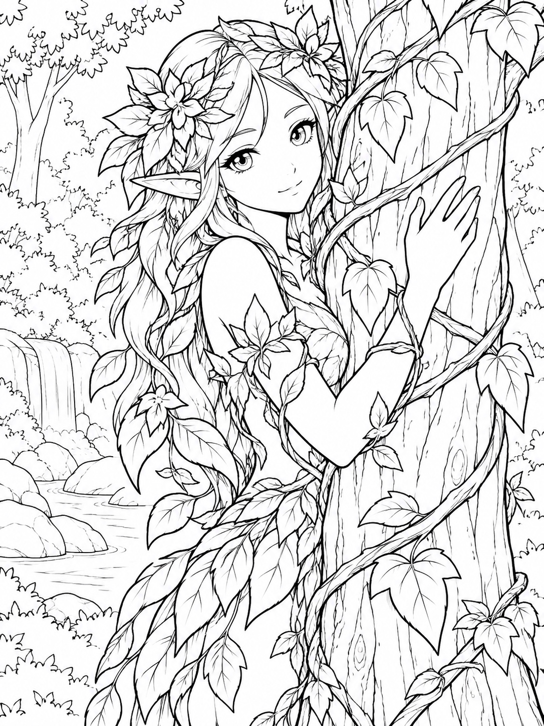 Black-and-white anime coloring page showing a forest spirit made of leaves and vines curling around a tree trunk