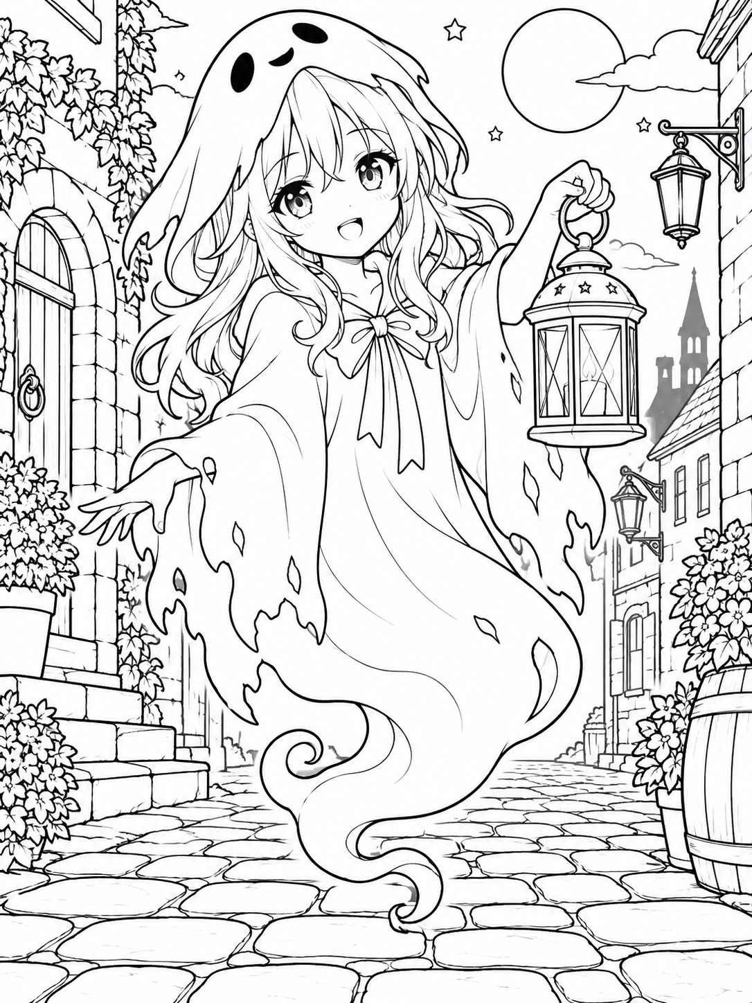 Black-and-white anime coloring page showing a lantern-carrying ghost character drifting above a cobblestone street