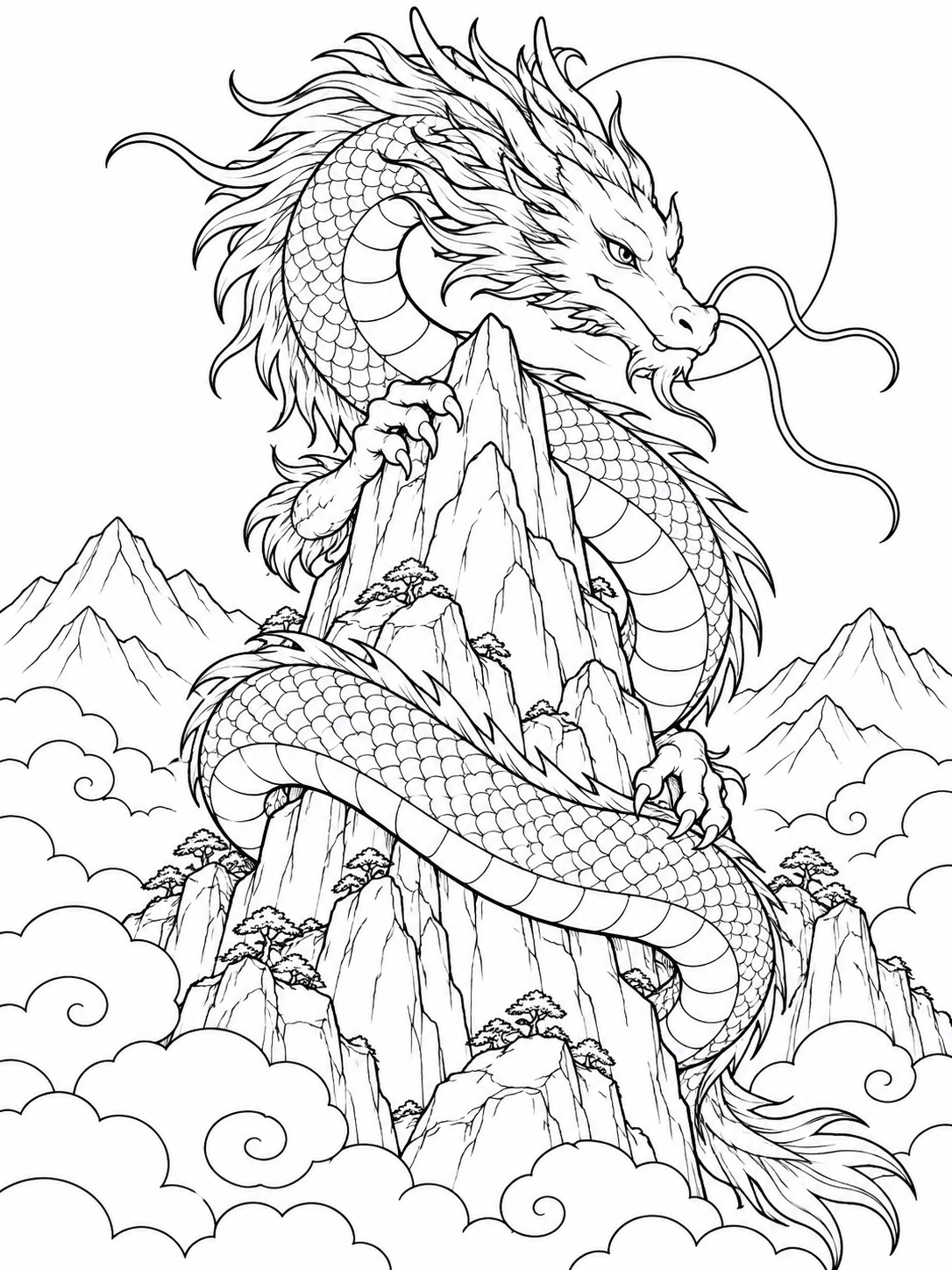 Black-and-white anime coloring page showing a dragon spirit coiled around a mountain peak, clouds at its base