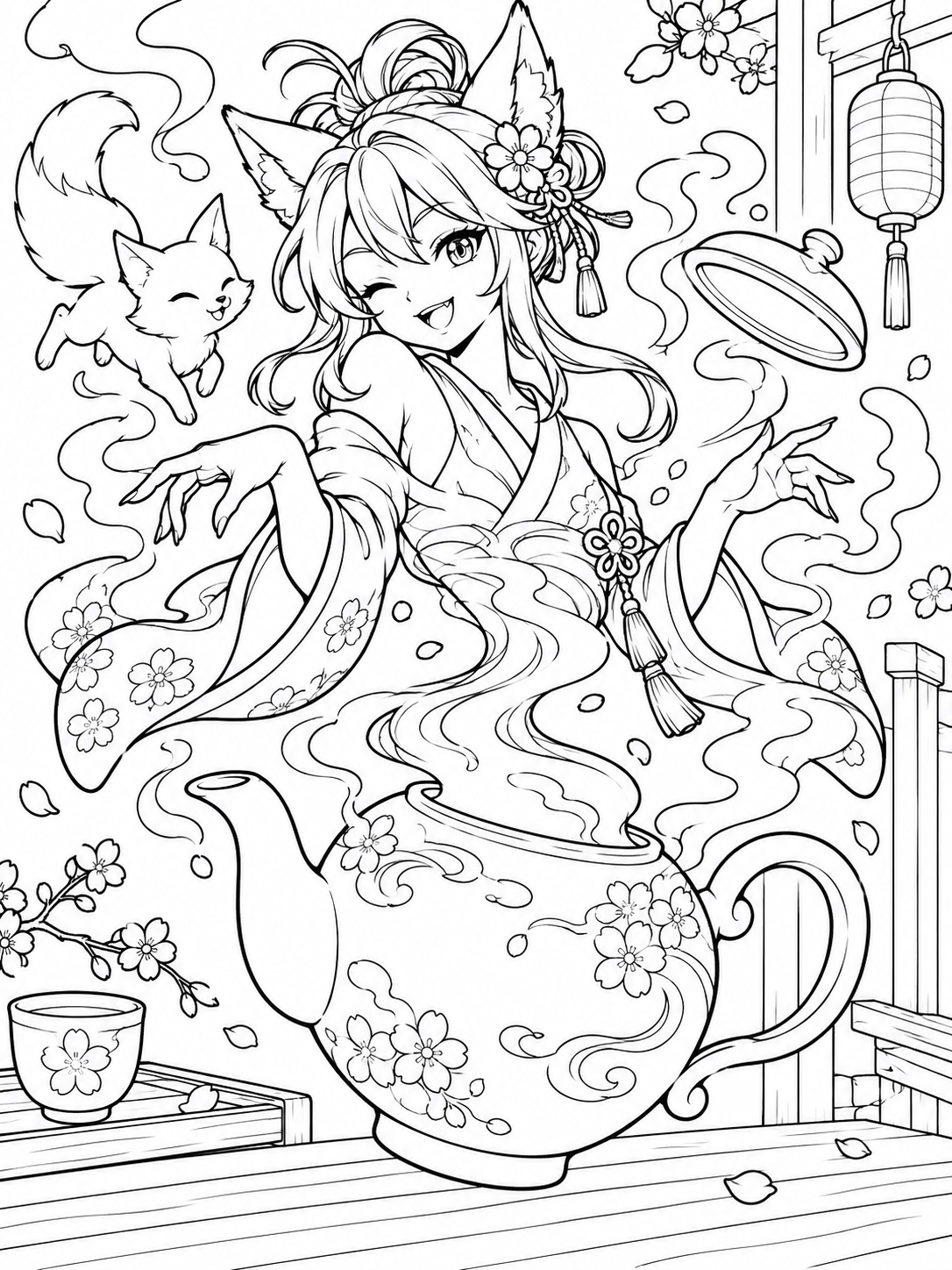 Black-and-white anime coloring page showing a tanuki-style trickster character mid-transformation into a teapot