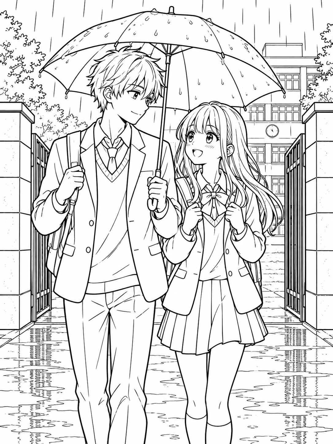 Black-and-white anime coloring page showing two characters sharing an umbrella in the rain outside a school gate