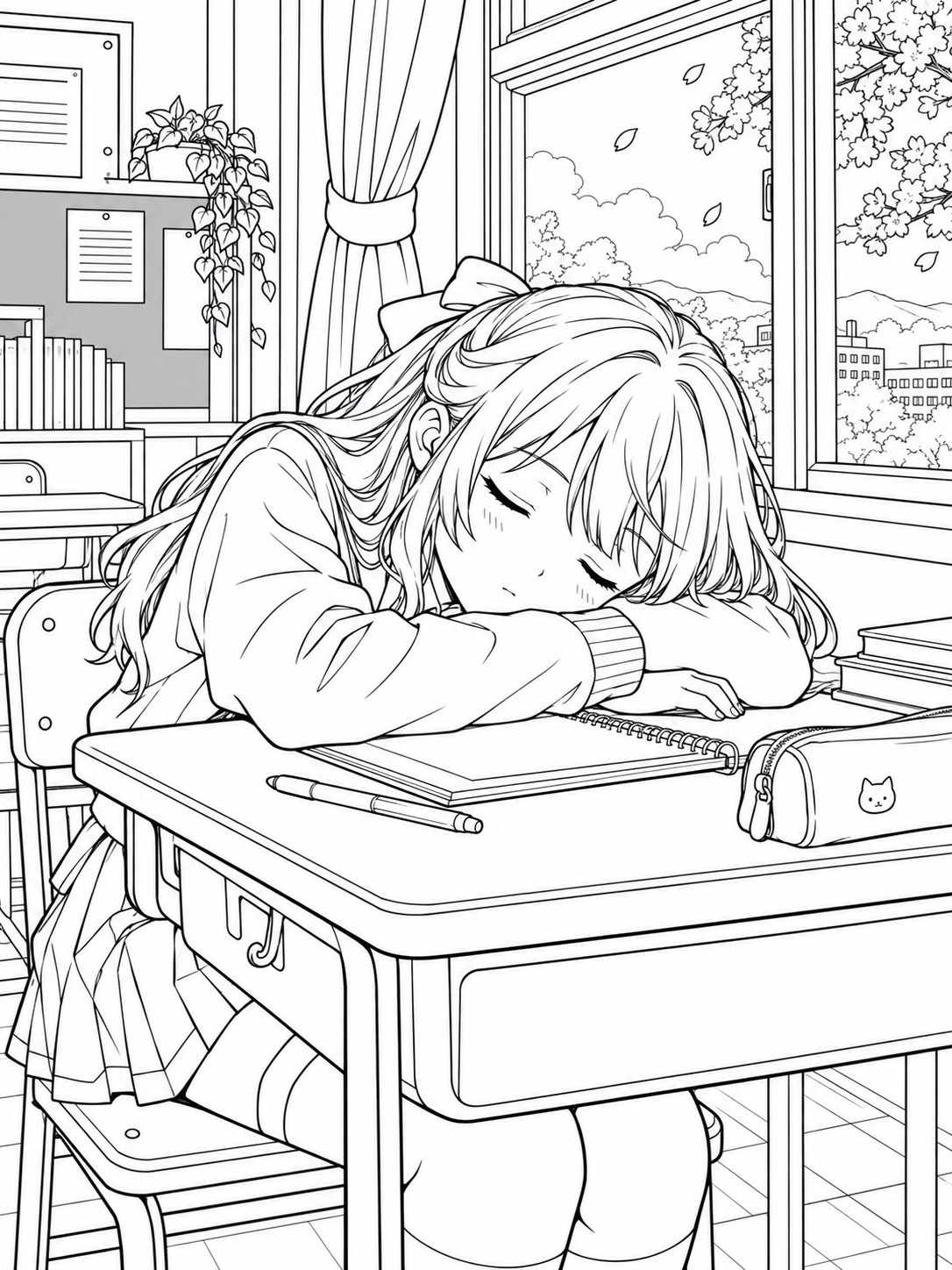 Black-and-white anime coloring page showing a classroom scene with a character asleep on a desk by the window