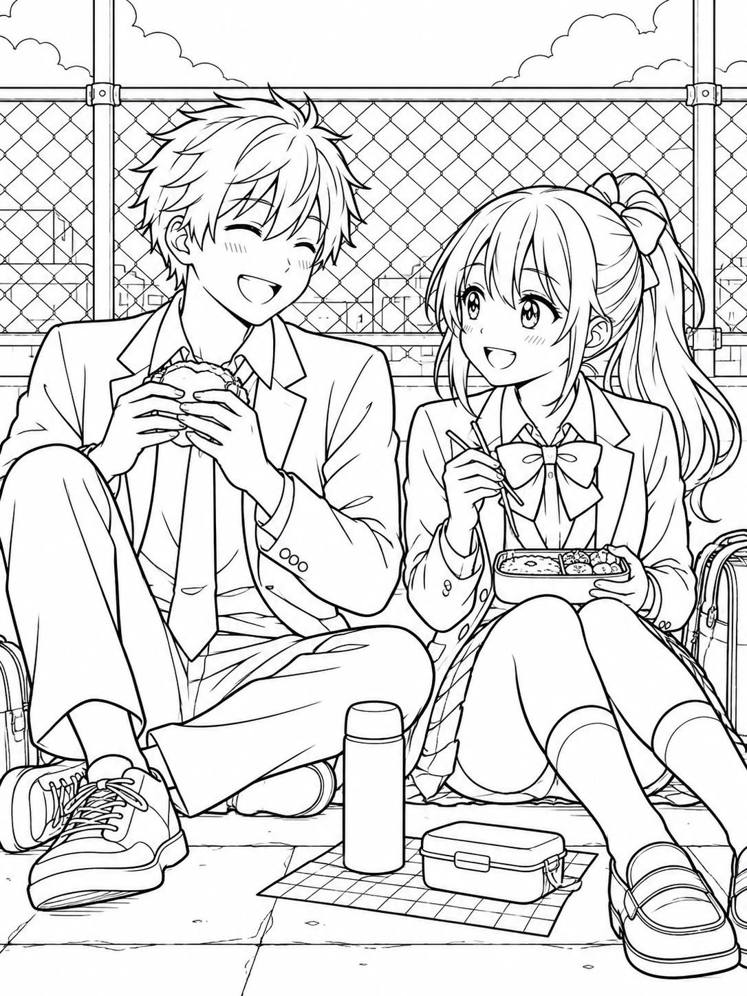 Black-and-white anime coloring page showing a rooftop lunch scene, two characters sitting against a chain-link fence