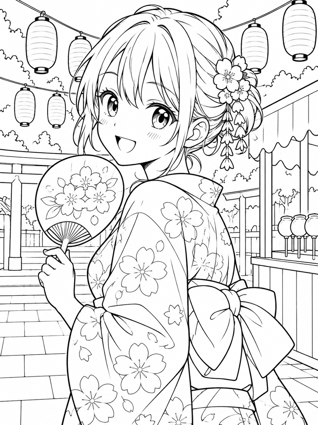Black-and-white anime coloring page showing a festival scene with a character in a yukata holding a paper fan