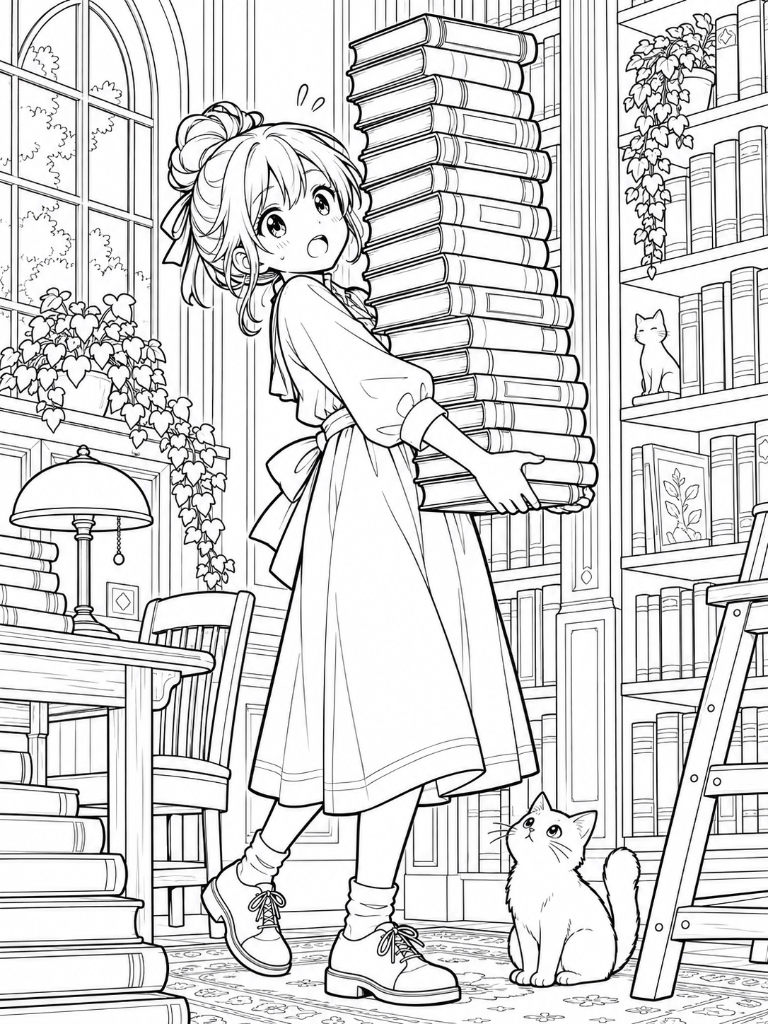 Black-and-white anime coloring page showing a library corner with a character stacking books taller than their head