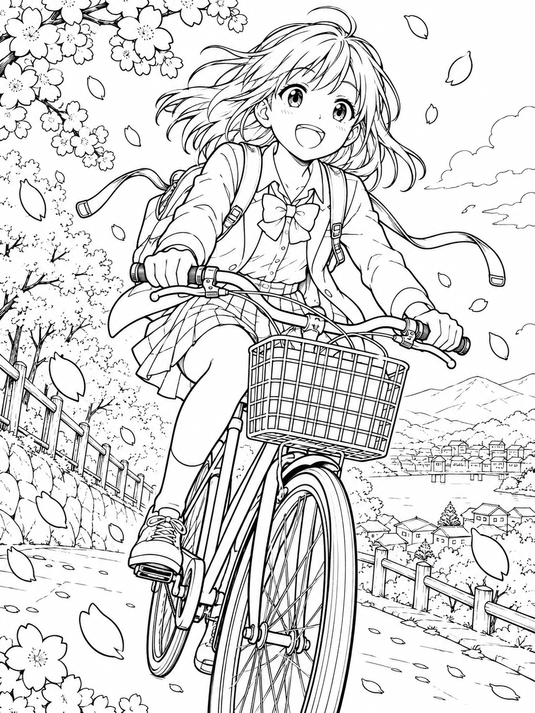 Black-and-white anime coloring page showing a bicycle ride scene, backpack straps flying, cherry blossoms falling