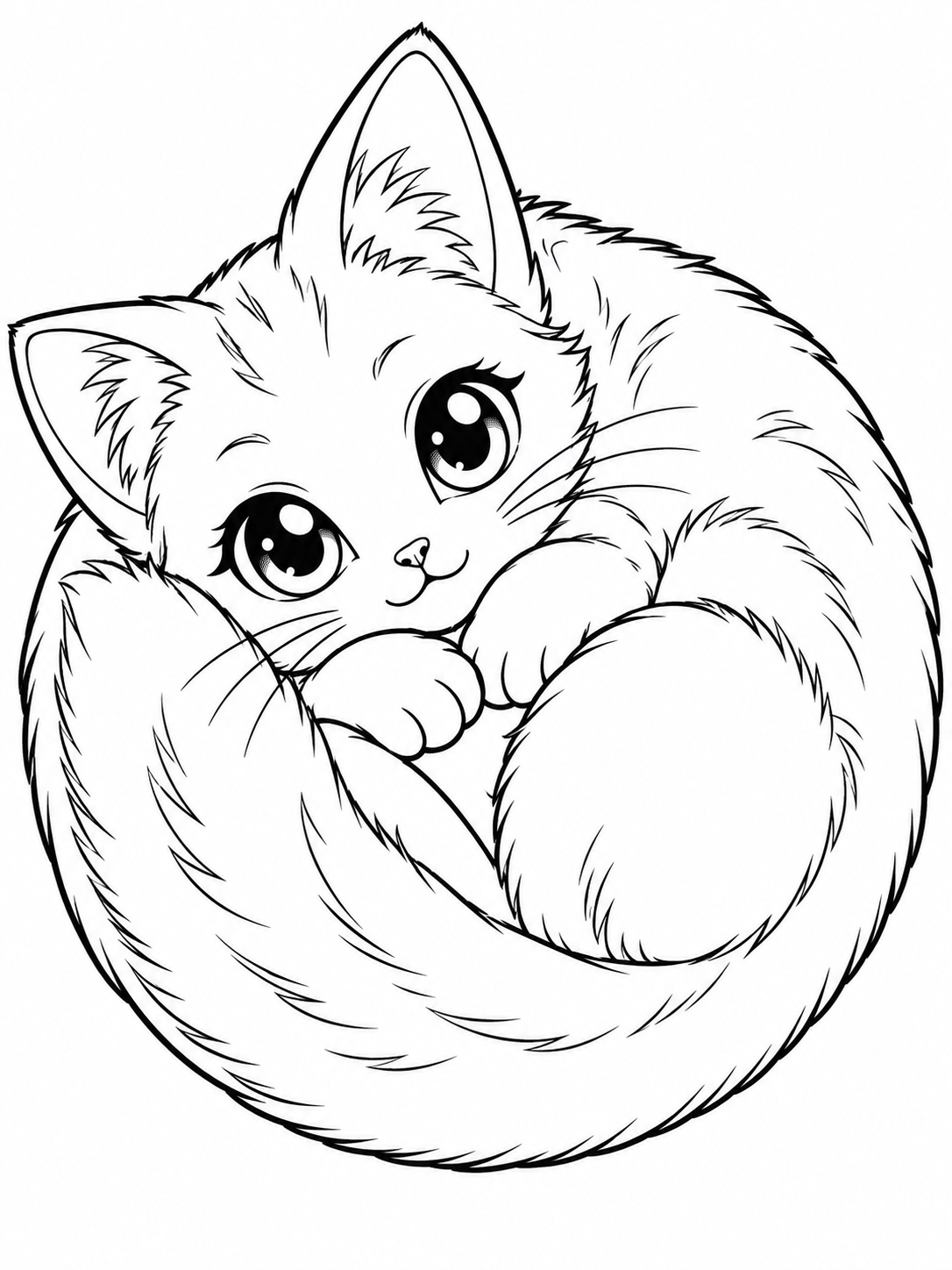 Black-and-white anime coloring page showing a big-eyed anime-style cat curled into a perfect circle
