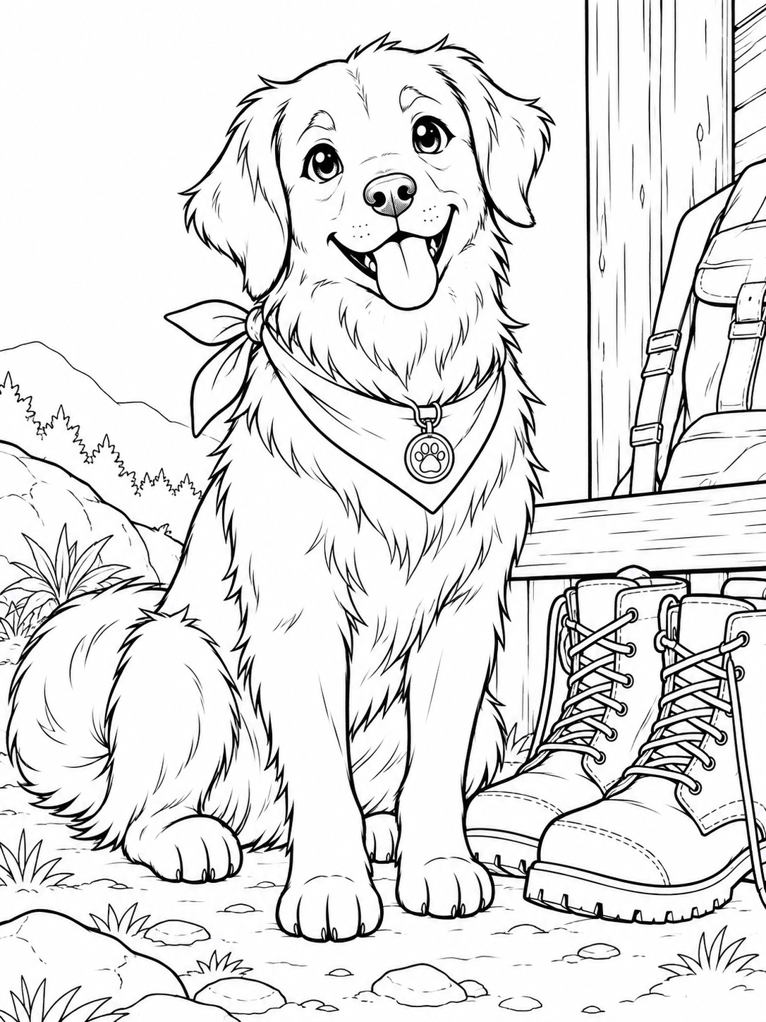 Black-and-white anime coloring page showing a loyal dog companion character sitting beside a pair of boots