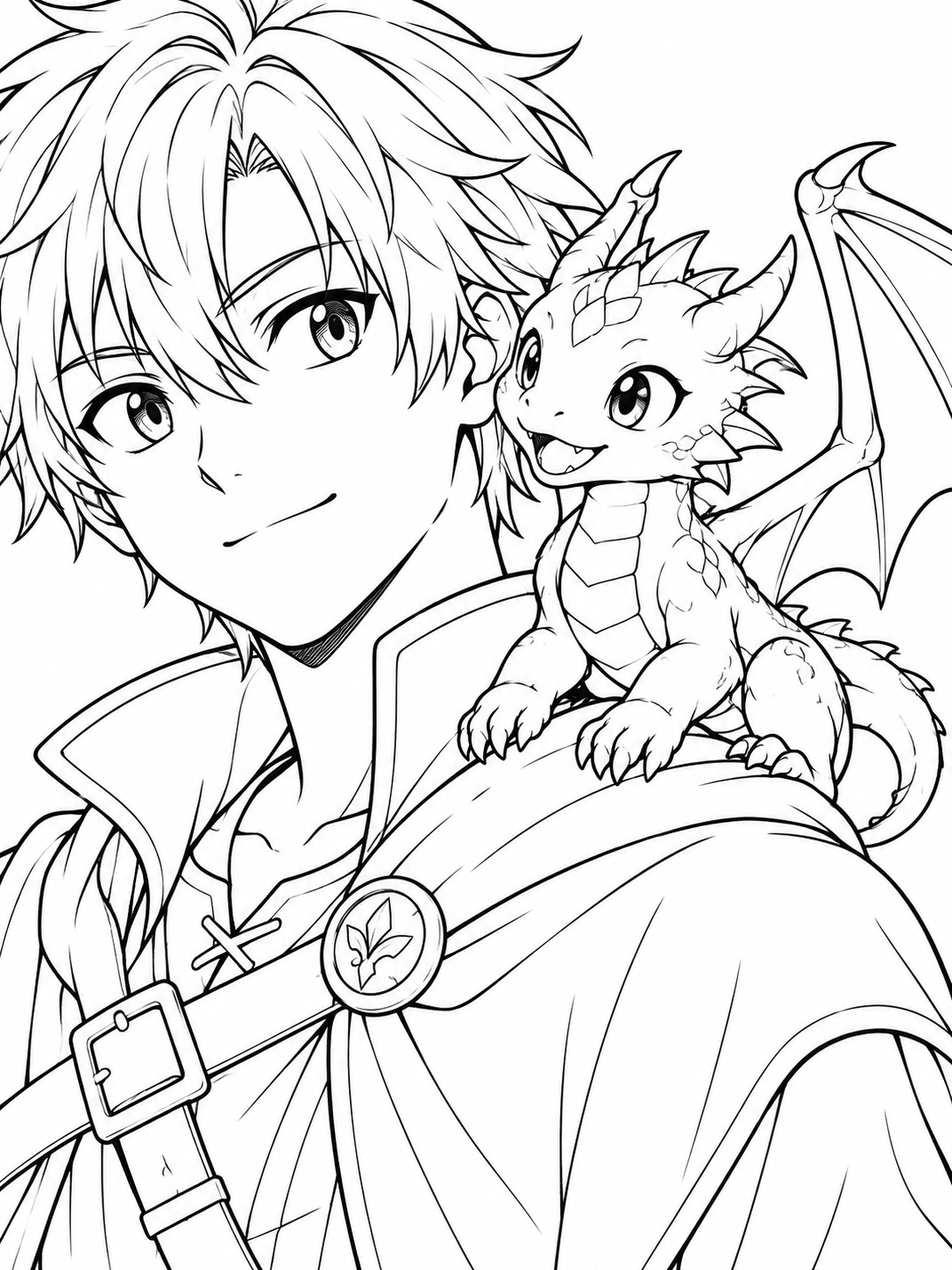Black-and-white anime coloring page showing a tiny dragon perched on a character’s shoulder, wings half-open