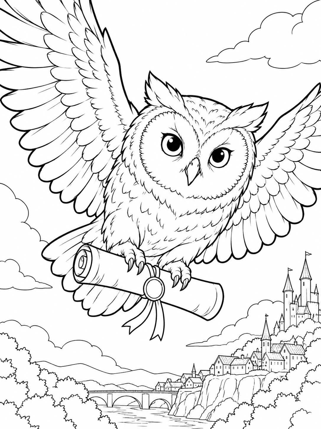 Black-and-white anime coloring page showing an owl messenger character mid-flight with a scroll in its talons