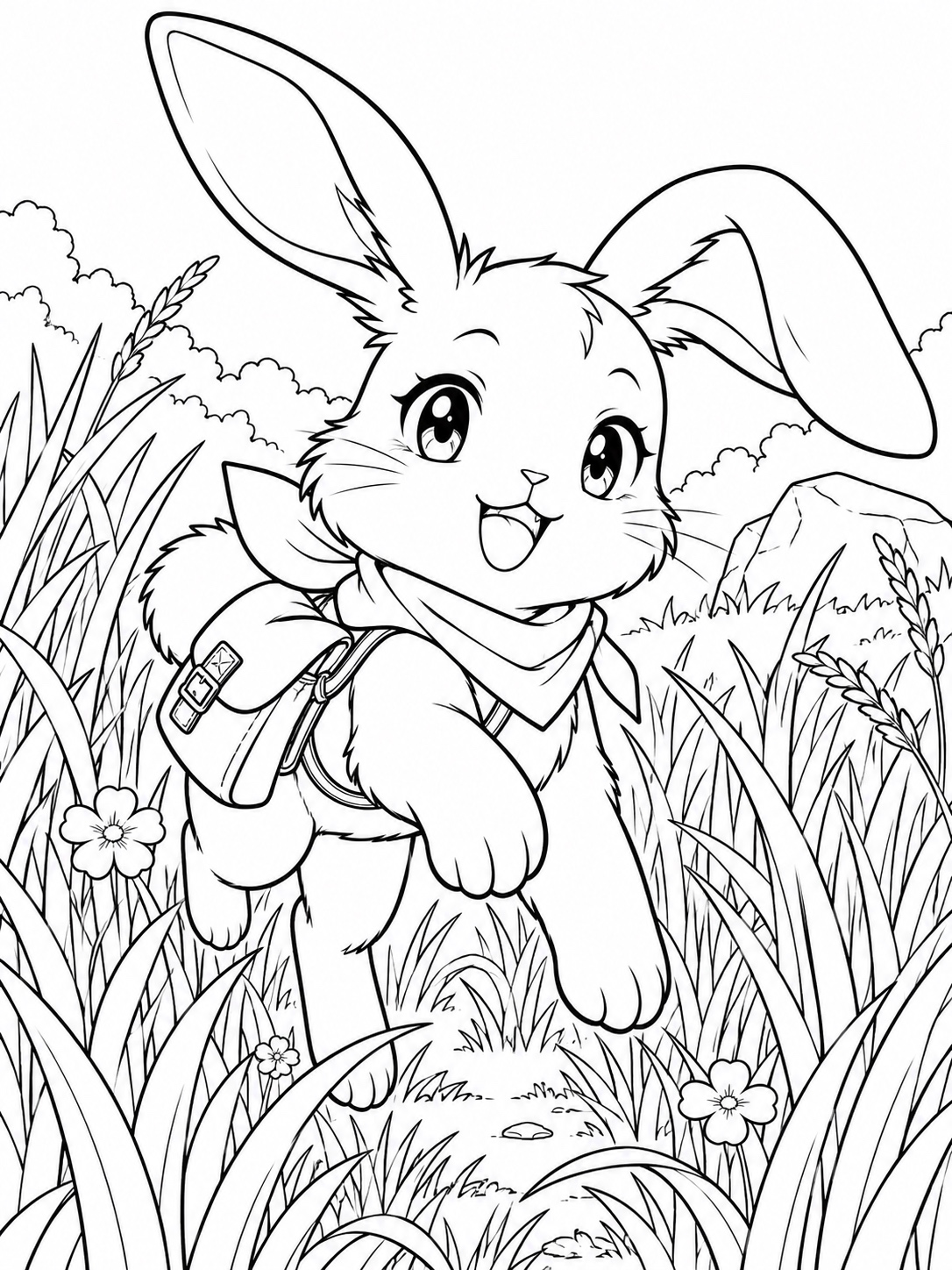 Black-and-white anime coloring page showing a rabbit-eared companion character hopping through tall grass