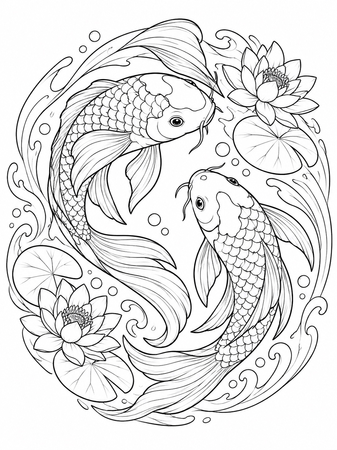 Black-and-white anime coloring page showing a koi fish pair swirling in a yin-yang composition