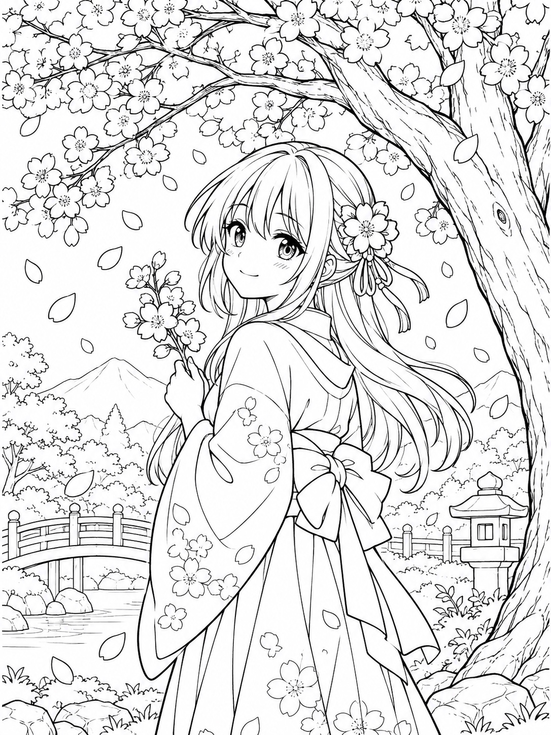 Black-and-white anime coloring page showing a character under a full cherry blossom tree, petals mid-fall