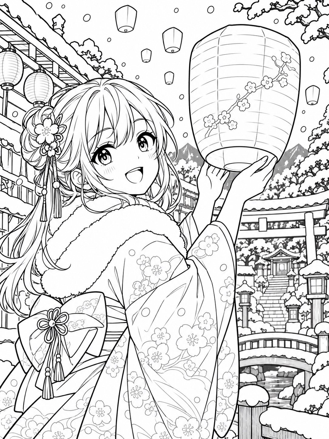 Black-and-white anime coloring page showing a winter festival scene with a character holding a paper lantern