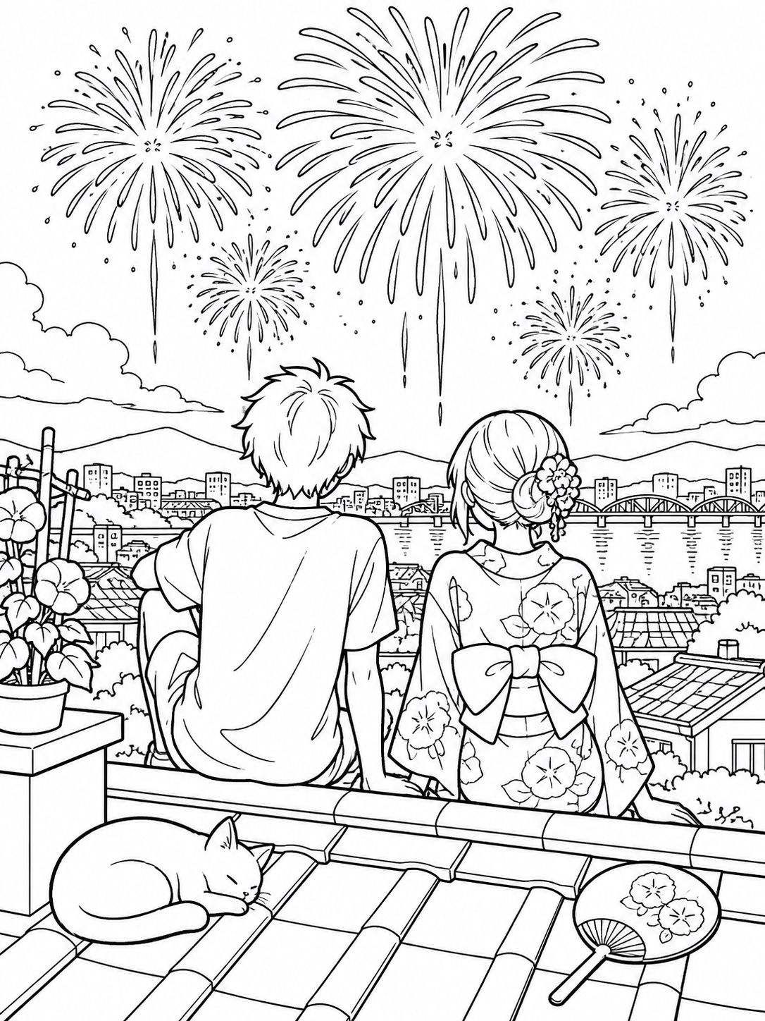 Black-and-white anime coloring page showing a summer fireworks scene viewed from a rooftop, two silhouettes watching
