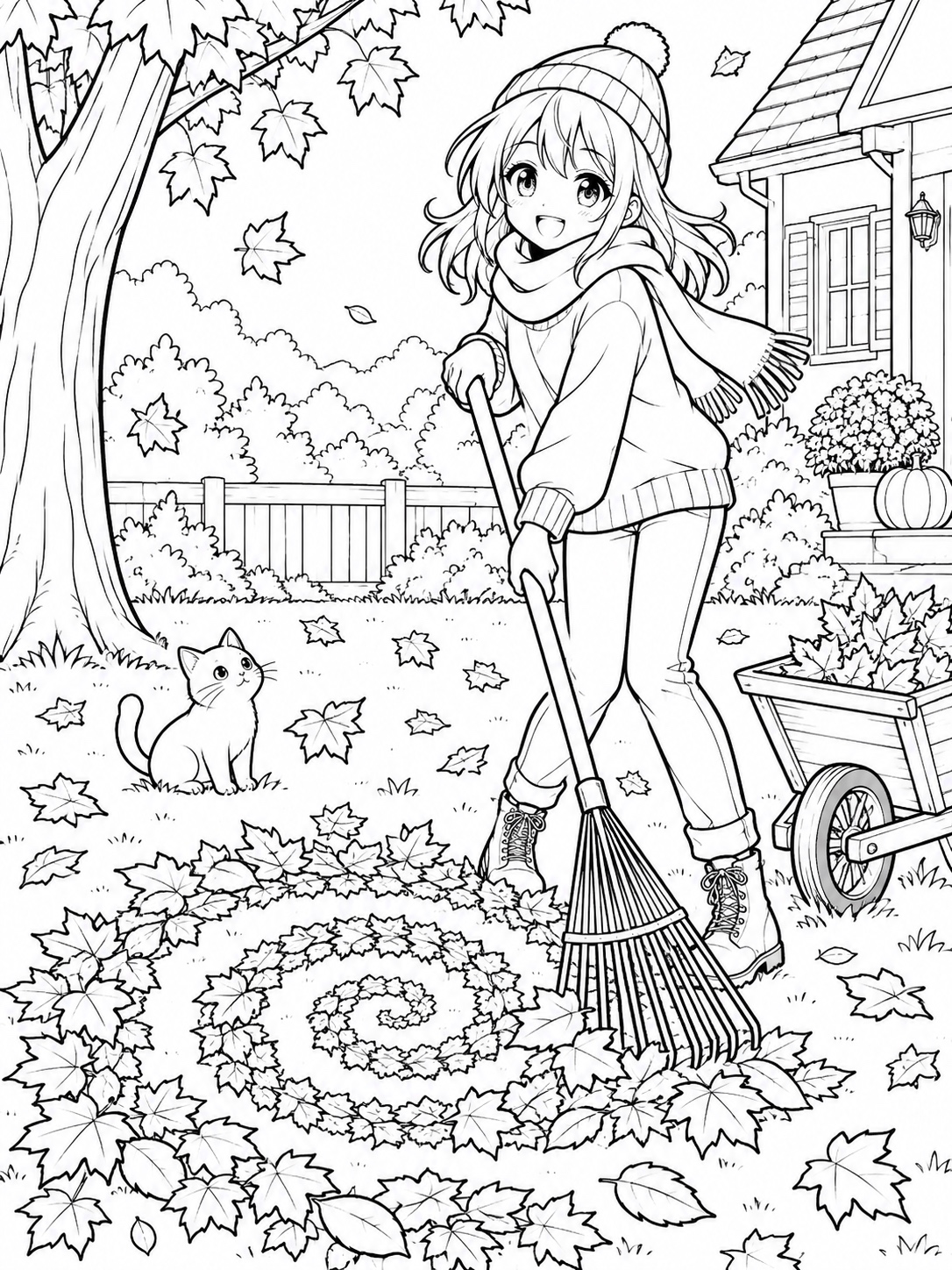Black-and-white anime coloring page showing an autumn scene with a character raking leaves into a spiral pile