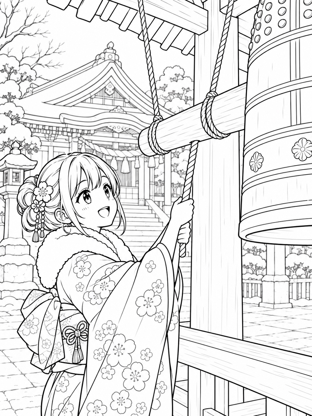 Black-and-white anime coloring page showing a New Year’s shrine visit scene, character ringing a temple bell