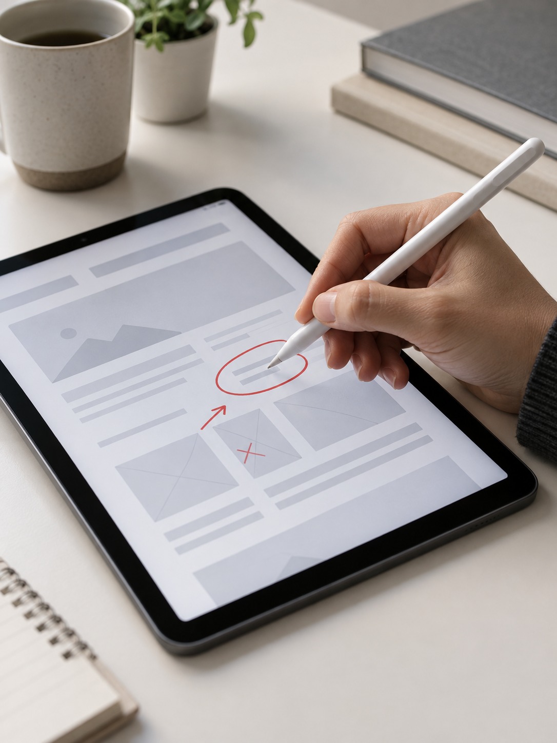Annotating a Localization Defect Designer using a stylus to mark a localization defect on a tablet wireframe | Sky Rye Design Designer using a stylus to mark a localization defect on a tablet wireframe