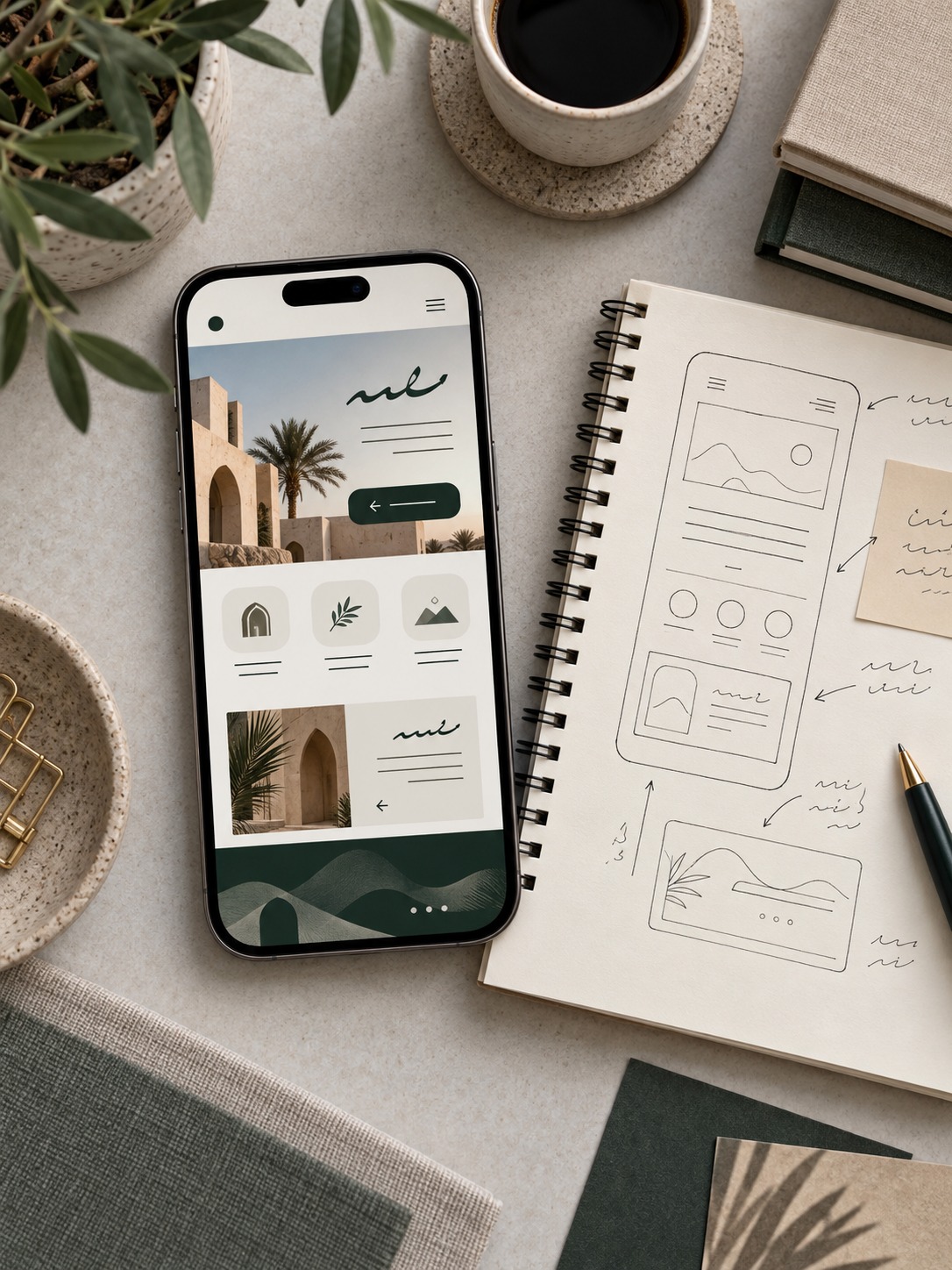 Arabic RTL Website Layout Review Smartphone on a desk displaying a travel app mockup with image cards, next to a coffee cup, plant, and a spiral notebook with wireframe sketches. | Sky Rye Design Phone displaying an Arabic right-to-left website beside handwritten UI notes