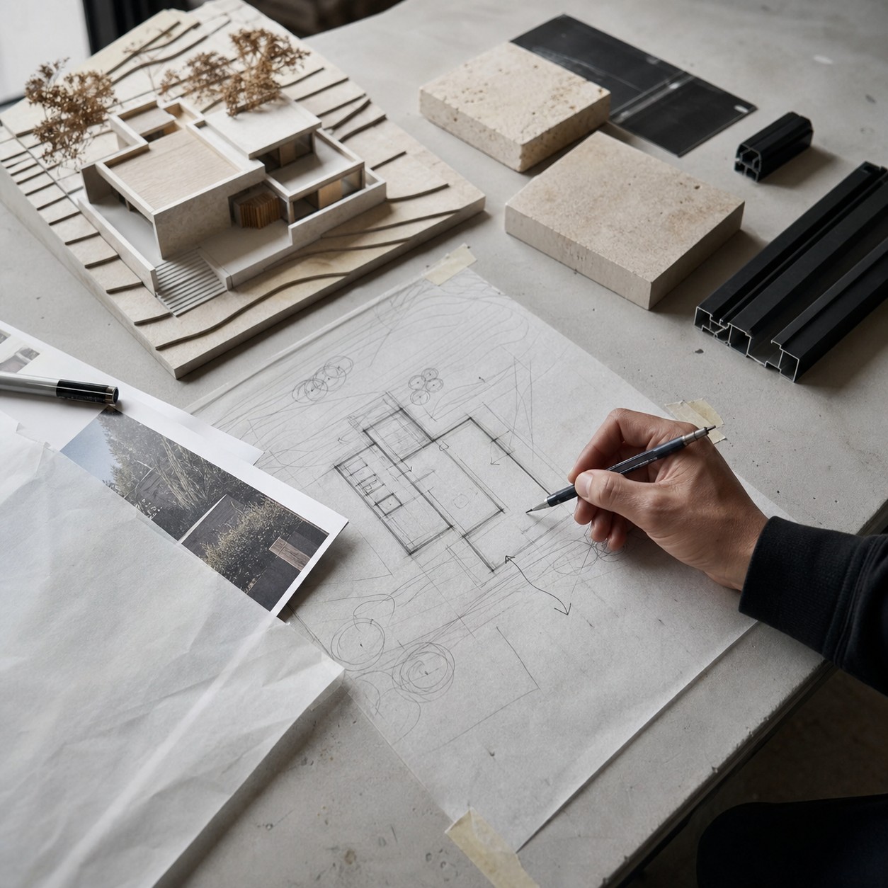Architect studio table with a residential concept model, trace paper, material samples, and a mechanical pencil.