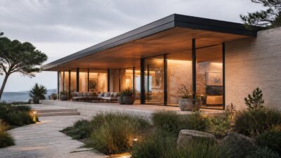 Ultra-modern coastal home with limestone walls, timber soffits, deep glazing, and a shaded terrace.