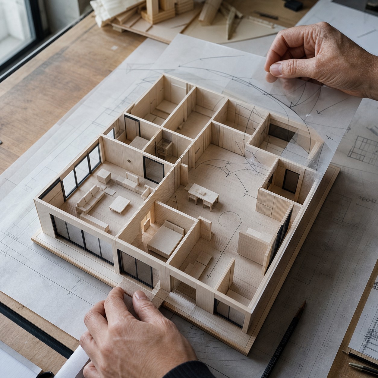 Architectural model on a studio table with trace paper overlays showing circulation routes through a compact house plan.