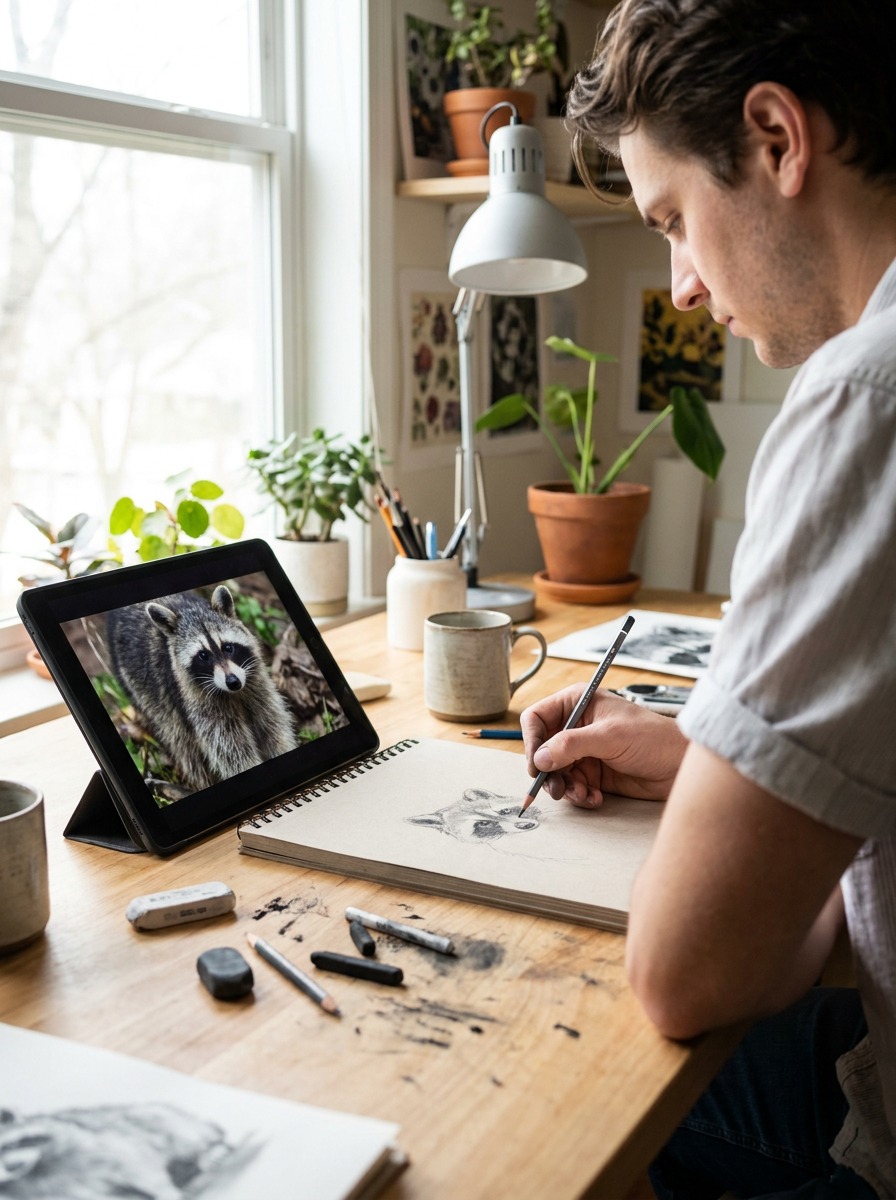 Artist sketching a raccoon from a reference photo displayed on a tablet