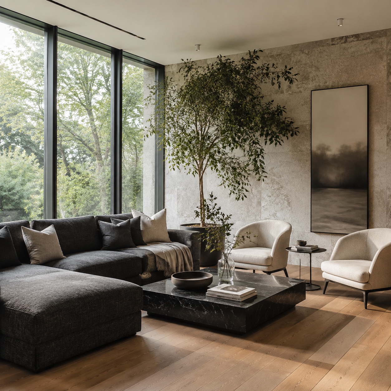 Asymmetrical balance living room Contemporary living room with a charcoal sectional balanced by pale lounge chairs, a tall indoor tree, and vertical artwork. | Sky Rye Design Contemporary living room with a charcoal sectional balanced by pale lounge chairs, a tall indoor tree, and vertical artwork.